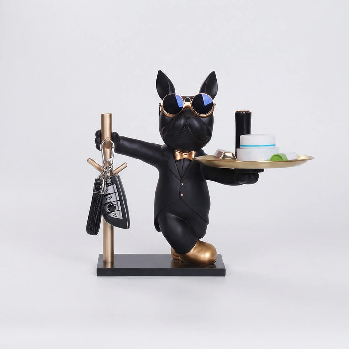 Organisiertes Wohnaccessoire: Bulldoggenfigur mit Tablett für Schlüssel & Handy, tolle Geschenkidee für Tierliebhaber.