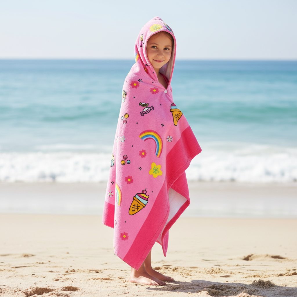 Weiches Kinder Kapuzenhandtuch mit lustiger Cartoon-Stickerei, ideal für Bad, Strand & Pool.