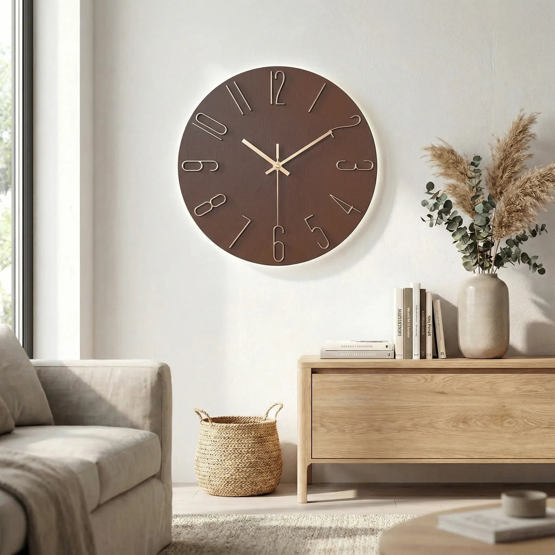 Moderne geräuschlose Uhr im runden Design, perfekt als schicke Wanddekoration fürs Wohnzimmer.