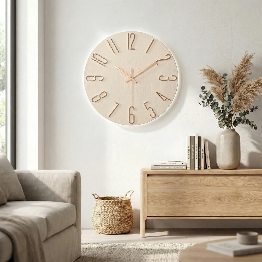 Runde Design-Wanduhr mit leisem Quarzwerk, schafft eine ruhige und stilvolle Atmosphäre.