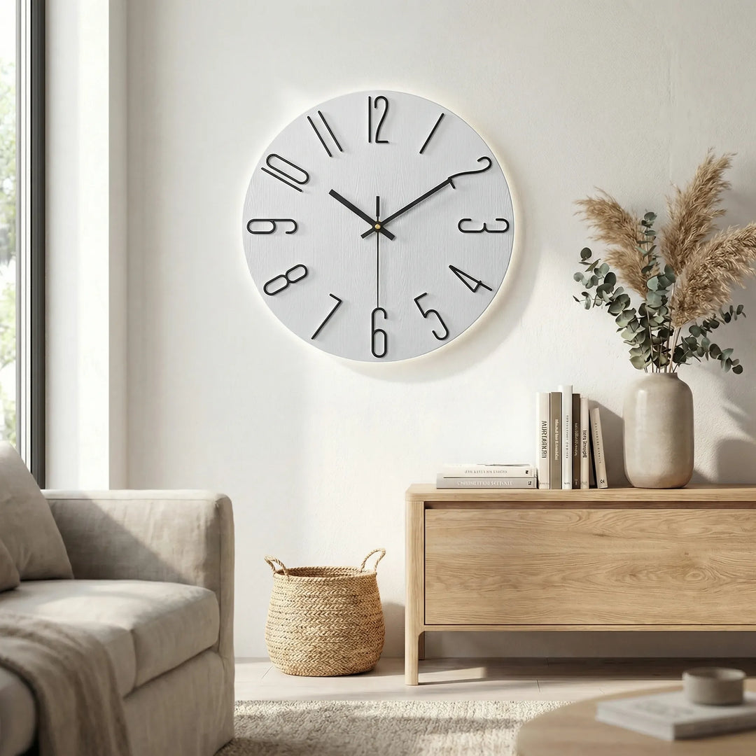 Große runde Wanduhr in modernem Stil, geräuschlos für Schlafzimmer oder Büro.