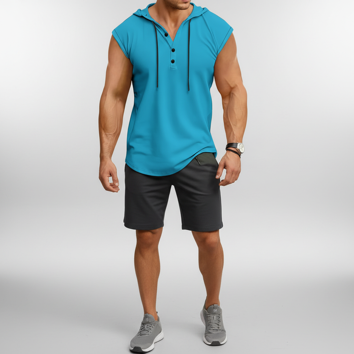 Gefaltetes AeroVibe Herren Henley Tanktop, ärmellos, für Sport, Fitness & Sommer, bereit für dein Workout.