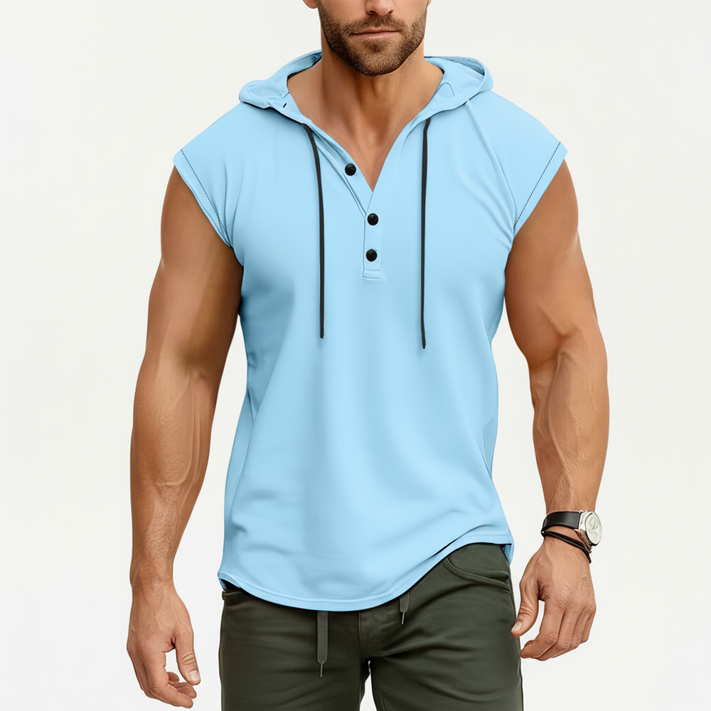Detailaufnahme: Atmungsaktives AeroVibe Herren Henley Tanktop Gewebe, kühl & komfortabel für dein Workout.