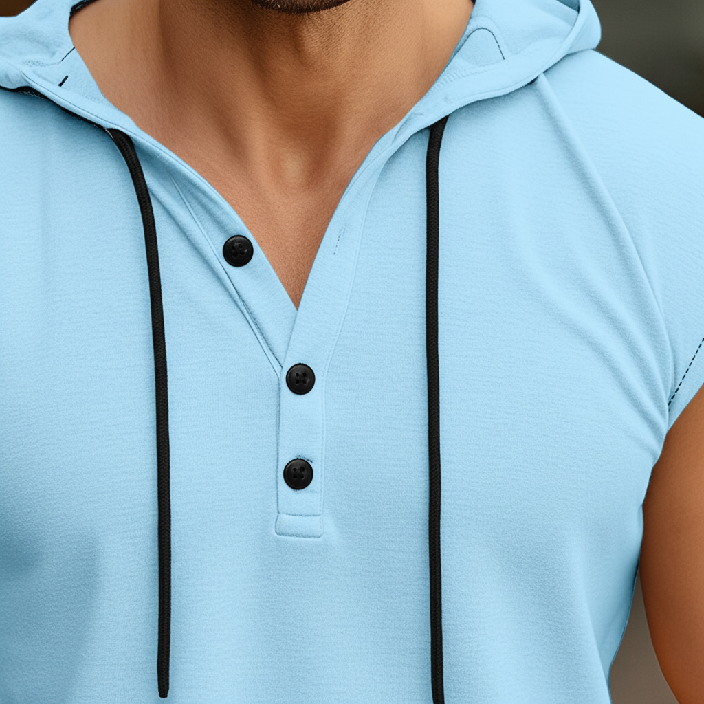 Mann trägt ärmelloses AeroVibe Henley Tanktop beim Workout im Gym, für maximale Bewegungsfreiheit.
