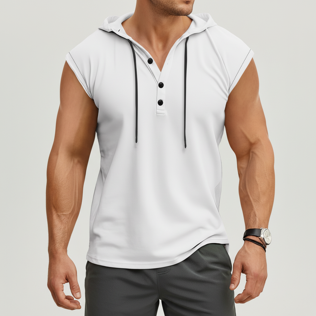 Sommerliches AeroVibe Herren Tanktop, ärmellos, im Henley-Stil, perfekt für Athleisure & Freizeit.