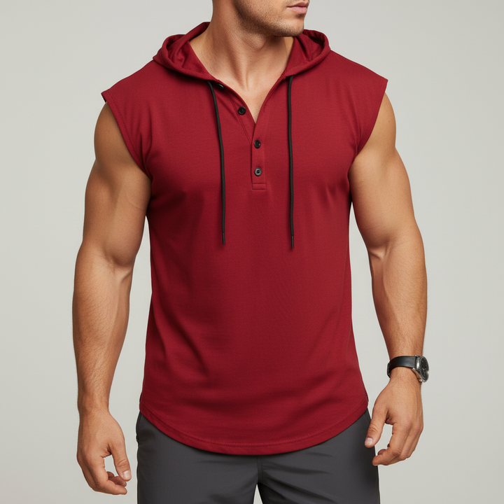 Rückansicht des AeroVibe Herren Henley Tanktops, ärmellos, optimiert für Sportbekleidung & Komfort.