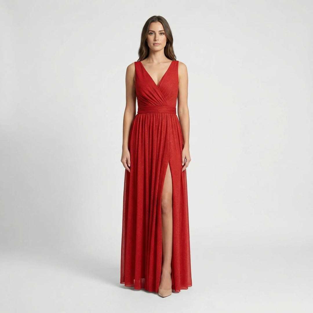 Elegantes ärmelloses Partykleid für Damen, V-Ausschnitt, schimmernd, ideal für besondere Anlässe.