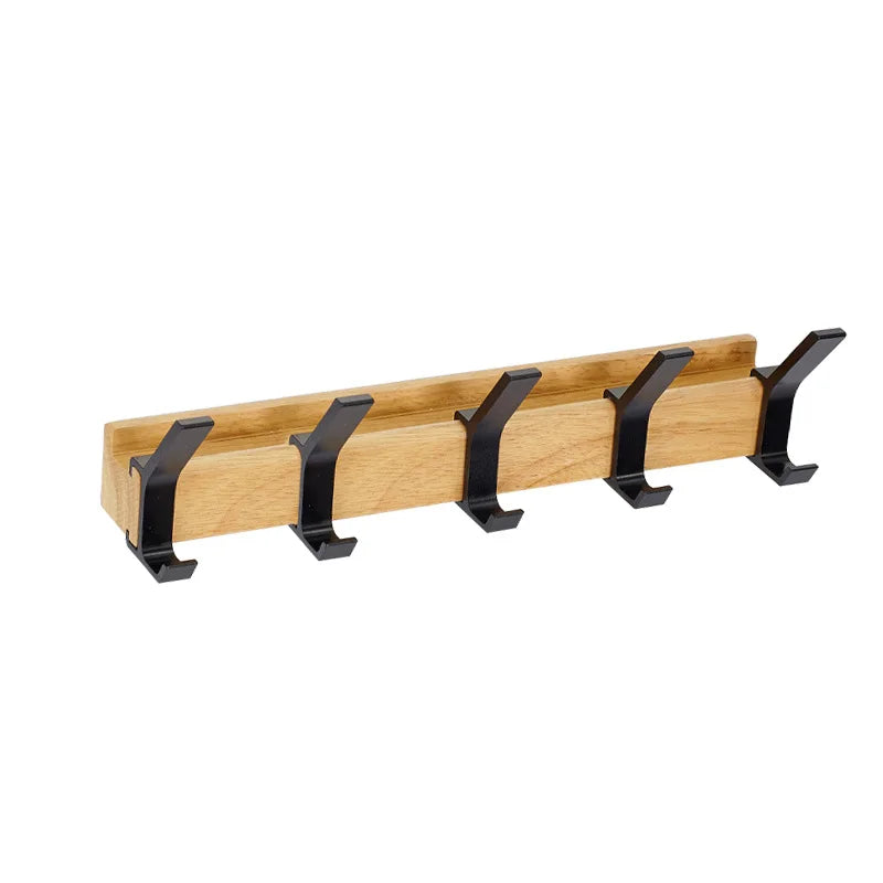 Schwarze Wandgarderobe mit beweglichen Haken, nordisches Design, Holz-Aluminium-Mix, ideal für den Flur.