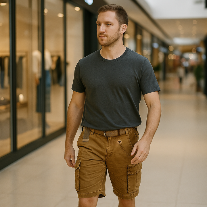 Stylische Herren Cargo Shorts in Khaki, vielseitig kombinierbar für den Alltag & urbane Styles.
