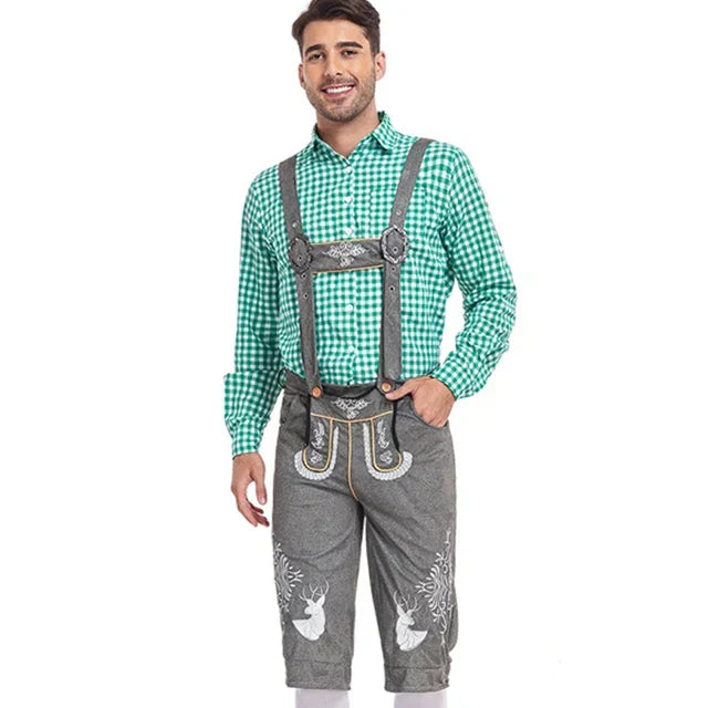 Braune Herren Lederhose mit markanten Stickereien, Kniebund-Stil, ideal für Trachtenmode.
