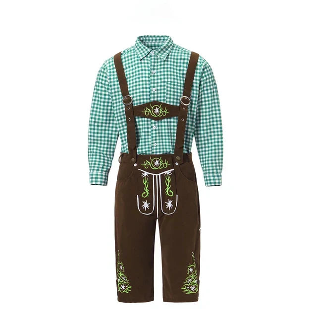 Perfekte Kombination aus kariertem Hemd und brauner Lederhose für Herren Oktoberfest.