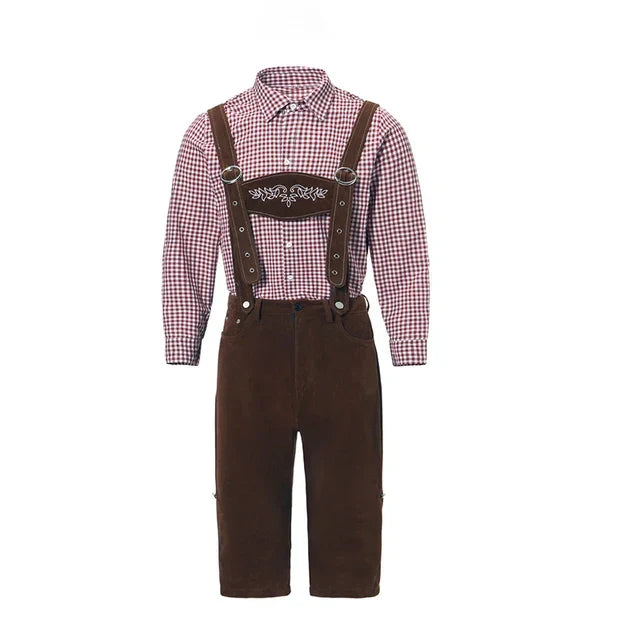 Nahaufnahme von traditionellen Knöpfen am Bund der Herren Lederhose, hochwertige Details.