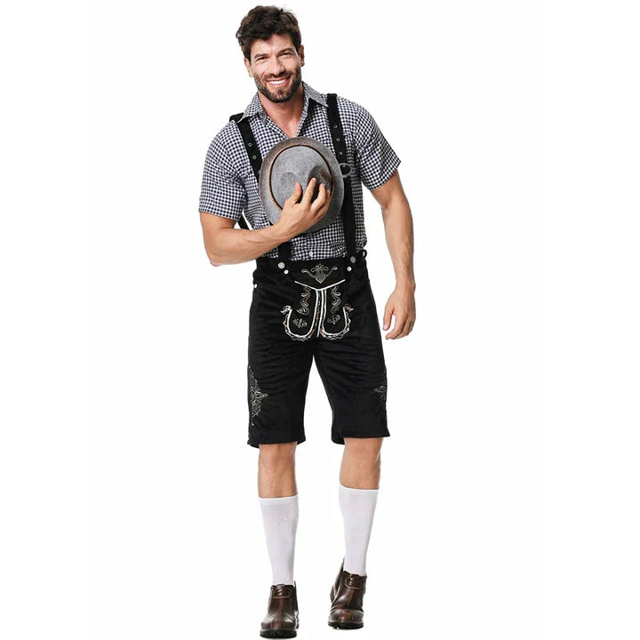 Authentisches Herren Lederhosen Set für Oktoberfest. Traditionelle Trachtenmode mit kariertem Hemd.
