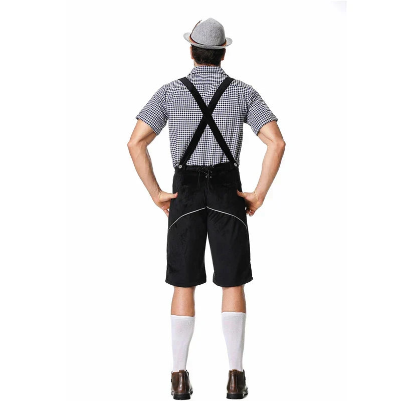 Nahaufnahme der bestickten Herren Lederhose, Kniebund, mit traditionellen Hirschhornknöpfen.