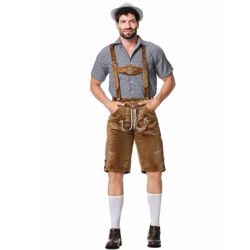 Detaillierte Stickereien auf brauner Herren Lederhose, bayerische Trachtenmode für Feste.