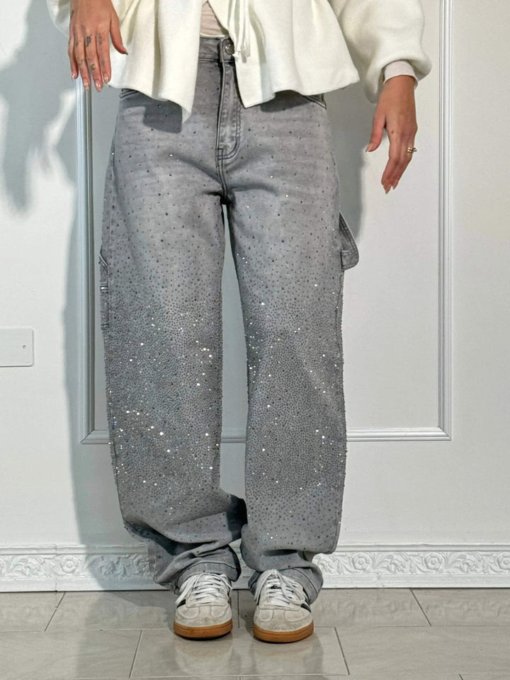 Damenmode Highlight: Baggy Wide Leg Jeans mit Glitzer, eine bequeme Trendhose für vielfältige Outfits.