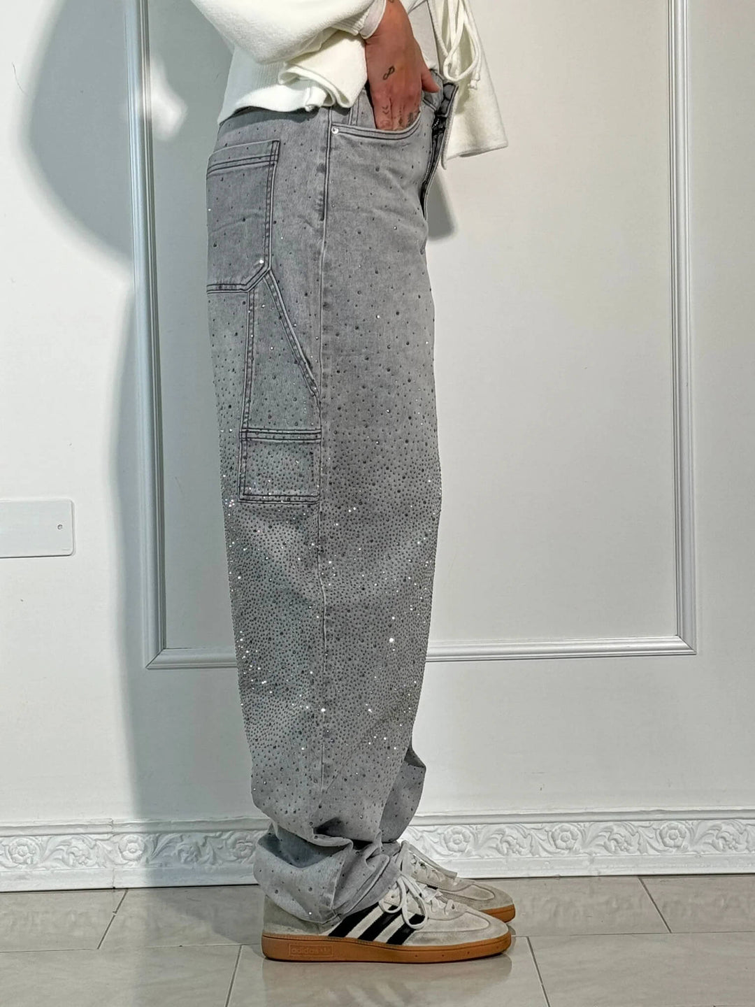 Must-have Damen Baggy Jeans mit schicken Glitzer-Applikationen, komfortable Wide Leg Hose für jeden Tag.