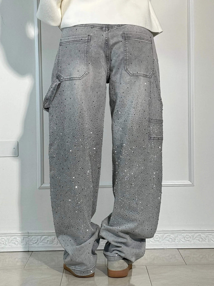 Stylische Damen Glitzer Baggy Jeans, weite Wide Leg Passform für einen modernen & bequemen Freizeitstil.