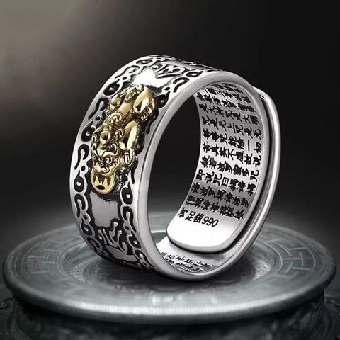 Glücksbringender Pixiu Amulett-Ring. Unisex Silberring zieht Reichtum an und bietet Schutz. Esoterischer Schmuck.