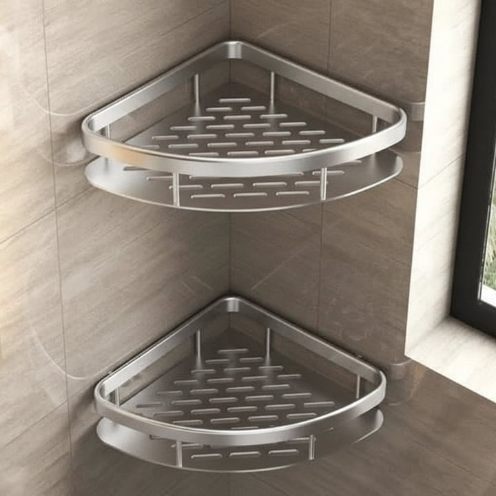 Set aus zwei modernen selbstklebenden Badregalen, bohrfrei, umfassende Badezimmer-Organisation.