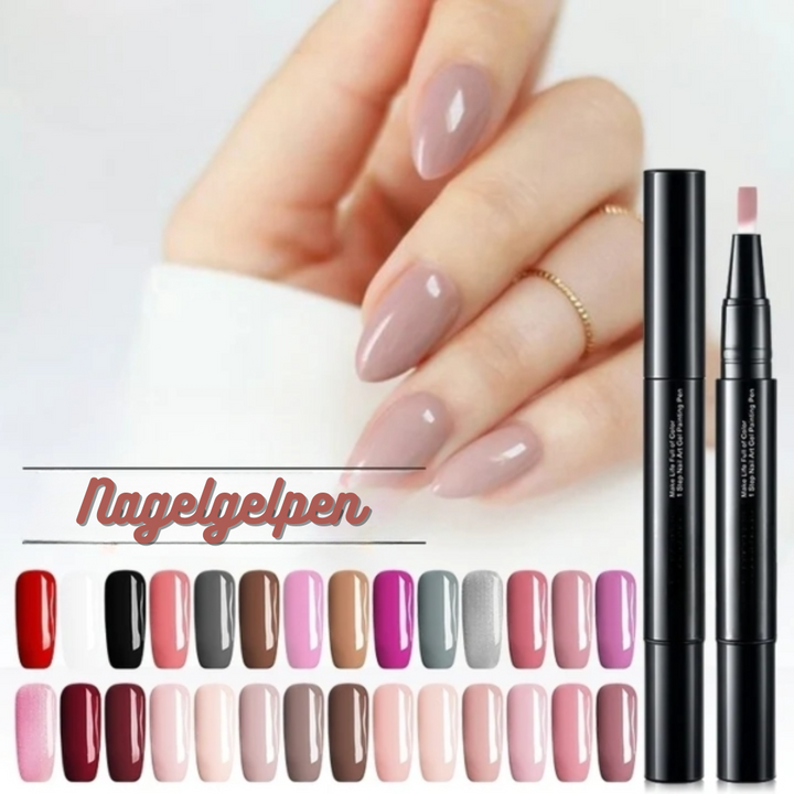 Fünf Nagellack Stifte in einer Reihe, zeigen die Farbvielfalt. Schnell trocknend für vielseitige Nageldesigns.