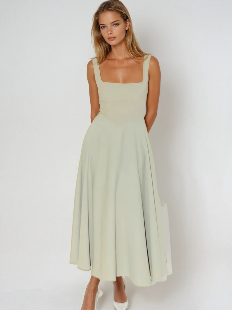 Model trägt figurumspielendes, elegantes Damen Midikleid mit eckigem Ausschnitt für vielseitige Looks.