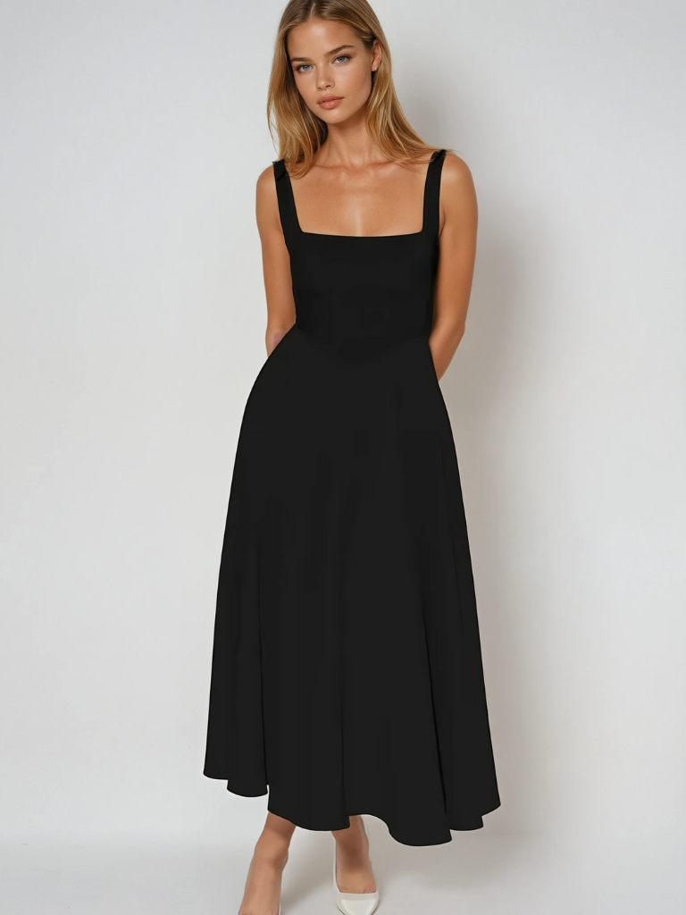 Damen Midikleid elegant ärmellos mit quadratischem Ausschnitt, perfekt für Sommer und Abend.