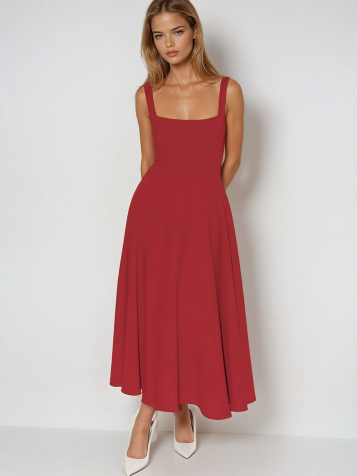 Damen Midikleid mit quadratischem Ausschnitt, leicht fallend und ärmellos; perfekt als Freizeit- oder Partykleid.