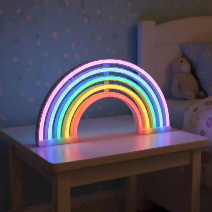 Neon-Regenbogen-Tischlampe LumiRainbow, farbenfrohes Stimmungslicht für gemütliche Schlafzimmer-Atmosphäre.