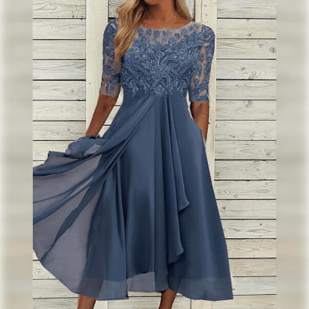 Damen Herbstkleid, mittellang, fließend geschnitten, kurzärmlig, ideal für einen eleganten Look im Herbst & Frühling.