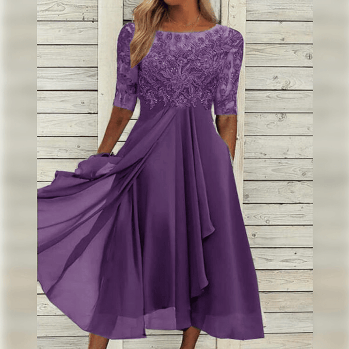Fließendes lila Midi-Kleid mit Halblangarm für Damen, elegant, bequem und vielseitig; perfekt für Sommer/Herbst.