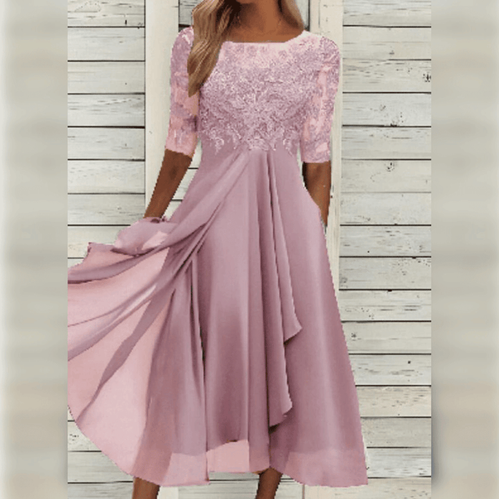 Bequemes lila Damenkleid, fließend und elegant, Midi-Kleid mit Halblangarm für festliche Anlässe und Freizeit.