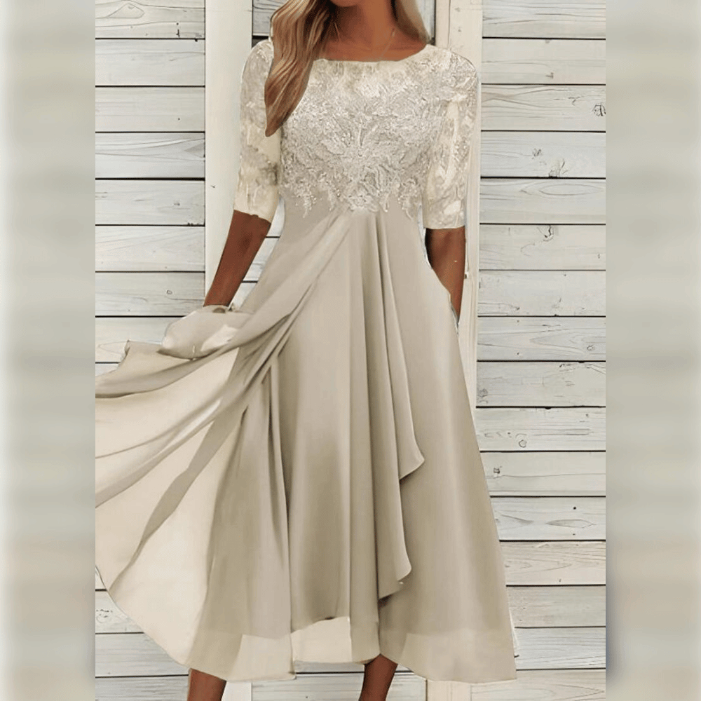 Fließendes lila Midi-Abendkleid für Damen, elegant und komfortabel, perfekt für stilvolle Auftritte im Herbst.
