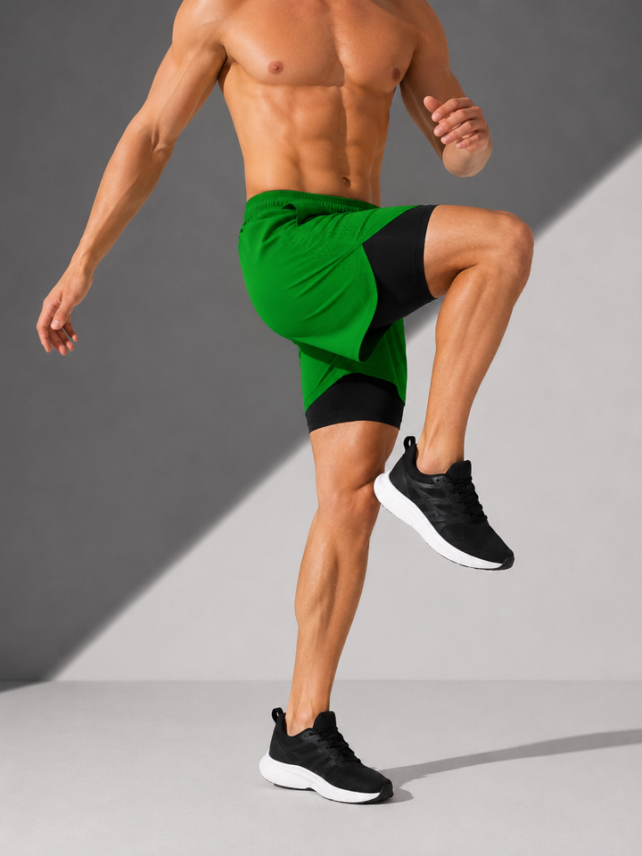 Detailansicht: Feuchtigkeitsableitende Technologie der Herren 2-in-1 Performance Shorts.