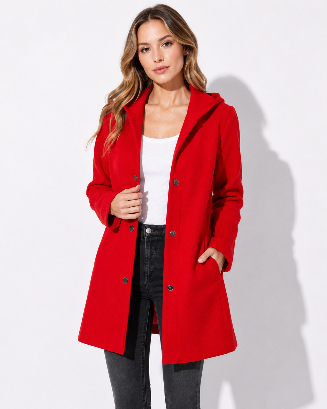 Trendige Damen Kapuzenjacke, einreihig. Lässige Übergangsjacke für Herbst und Frühling, vielseitig kombinierbar.