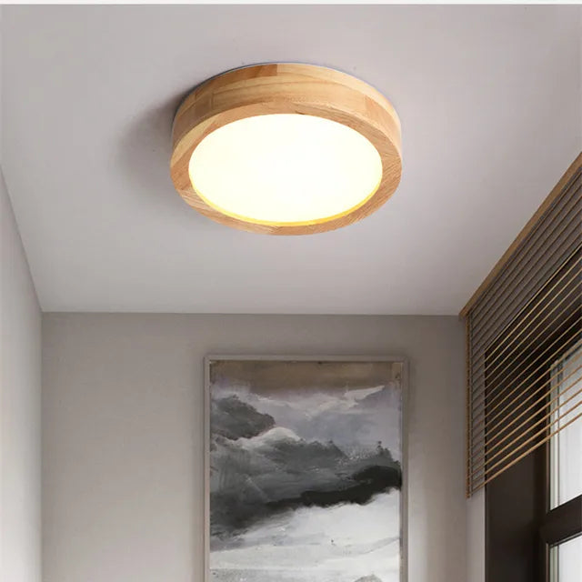 Moderne runde LED-Deckenlampe aus Naturholz, skandinavisches Design, ideal für Schlafzimmer.