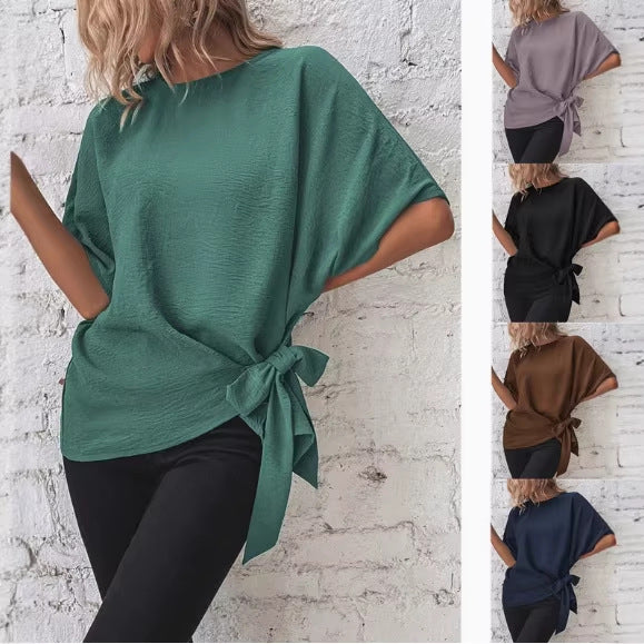Elegantes Damen Oversize Kurzarm-Top mit Schleife & Crinkle-Textur. Ideal für Frühling & Sommer, Casual Chic.