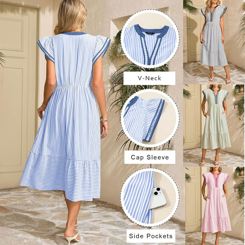 Gestreiftes Midikleid für Damen, V-Ausschnitt & Volant, maritimer Sommerlook. Elegant & luftig.