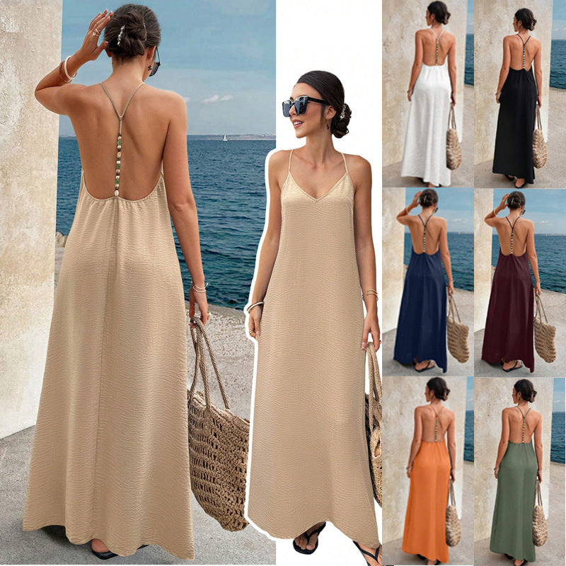Fließendes, leichtes Damen Sommer Maxikleid mit dünnen Trägern und V-Ausschnitt, ideal als Urlaubskleid.