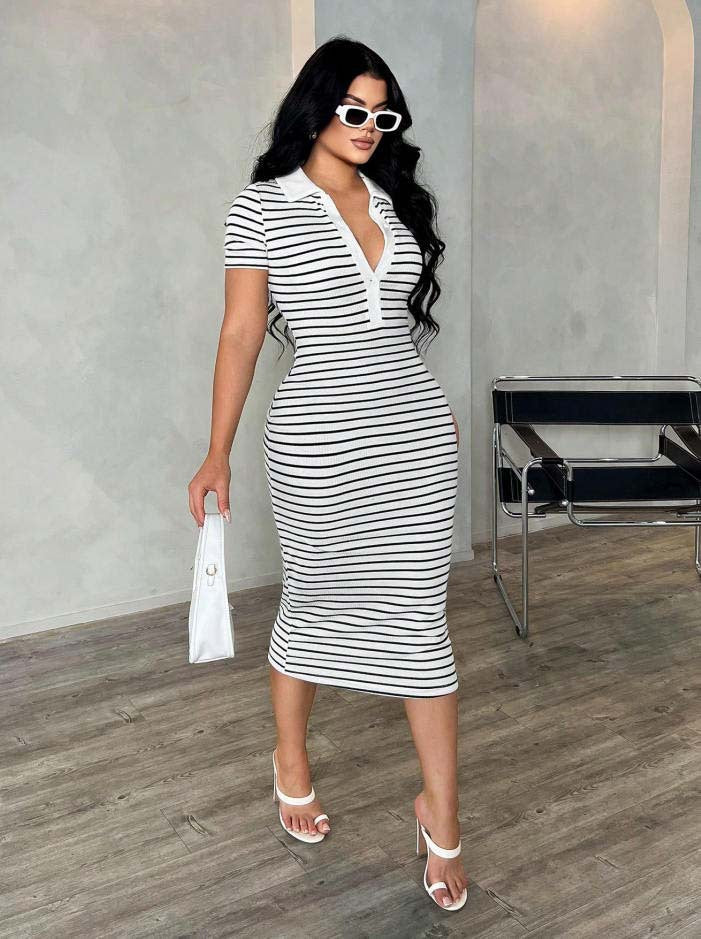 Kurzarm Damen Polokleid, gestreift, tailliertes Midikleid, Polo-Kragen, schick und praktisch.