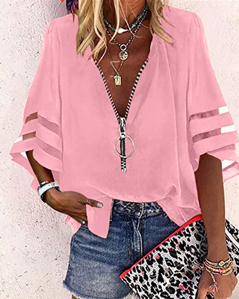 Damen Bluse mit V-Ausschnitt, 3/4 Arm Cut-Outs & Ringreißverschluss. Elegantes & modernes Sommer-Oberteil.