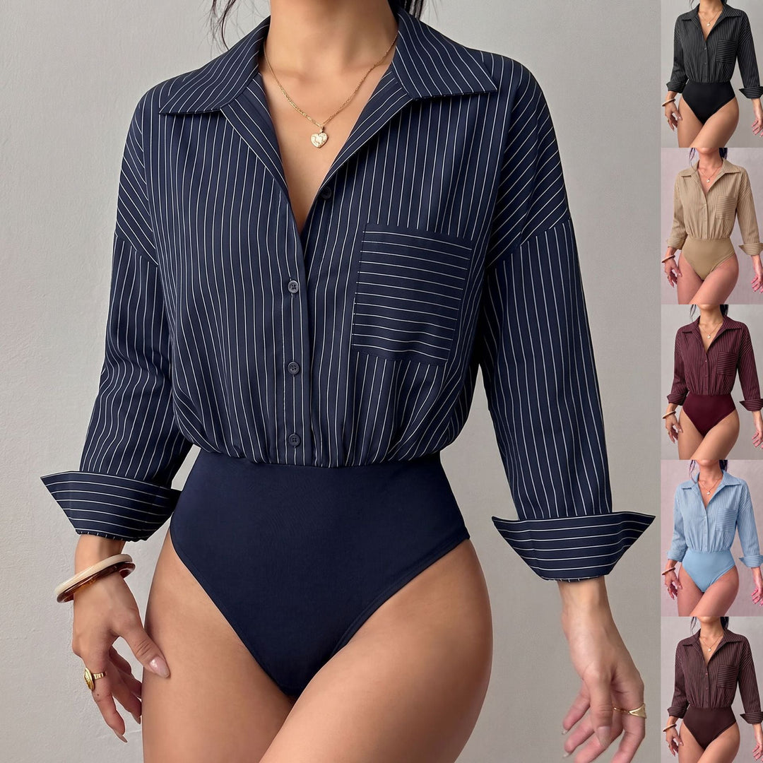 Damen Hemd-Body gestreift, tailliert, elegant, Langarm, Kentkragen für Business & Freizeit.
