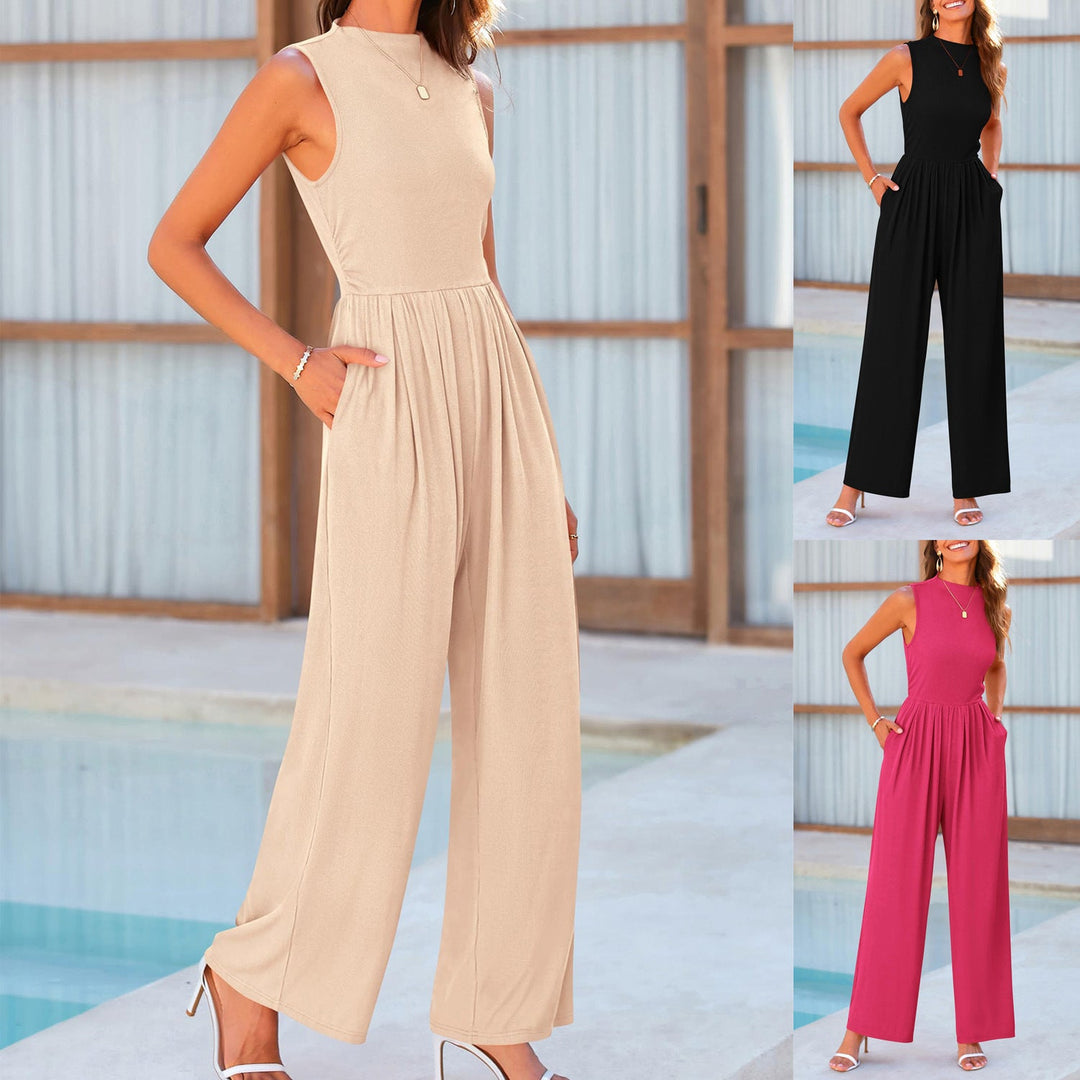 Eleganter Damen Ärmelloser Jumpsuit in Beige mit Rippenoberteil und Palazzohose. Perfekt für Sommer.
