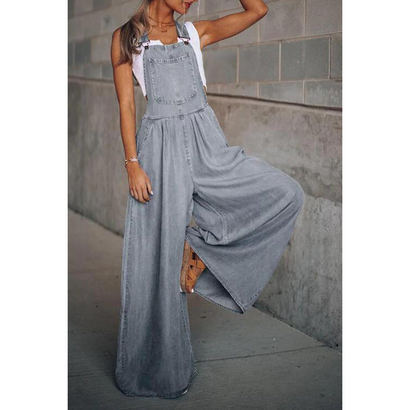 Bequemer Damen Denim-Overall im Retro-Stil, Weitbein-Schnitt und verstellbare Träger für Alltag und Herbstmode.