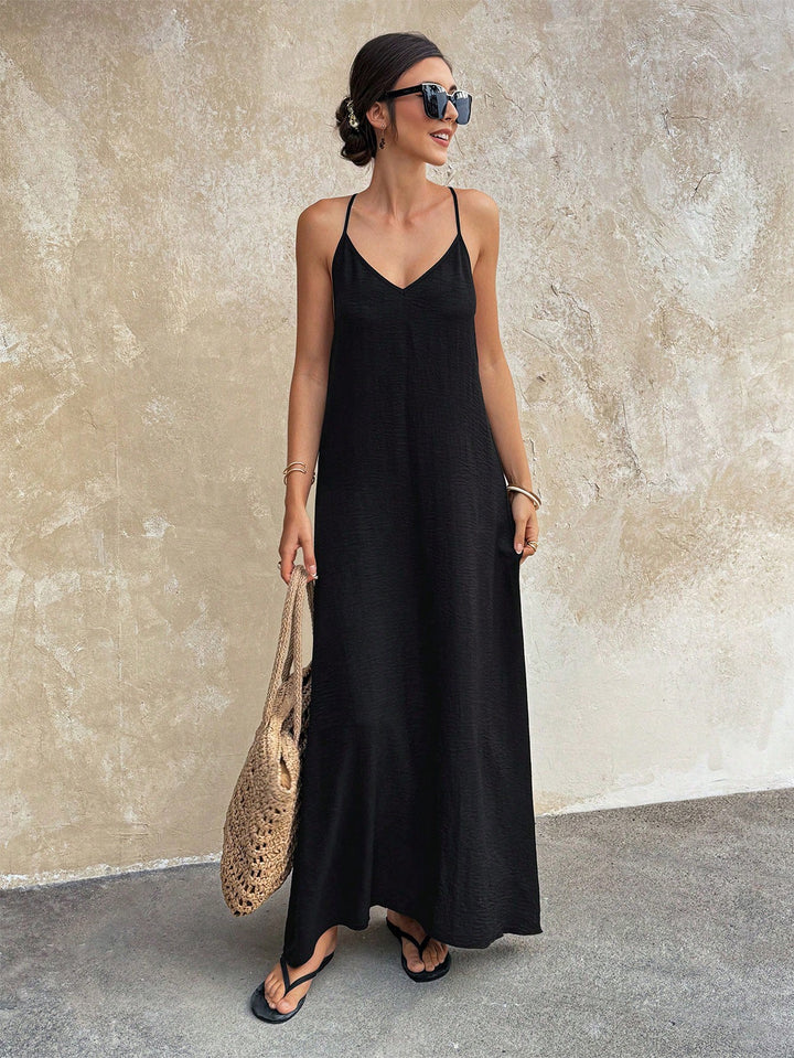 Leichtes Damen Spaghettiträger Maxikleid mit V-Ausschnitt, ideal als Urlaubskleid oder Freizeitkleid.