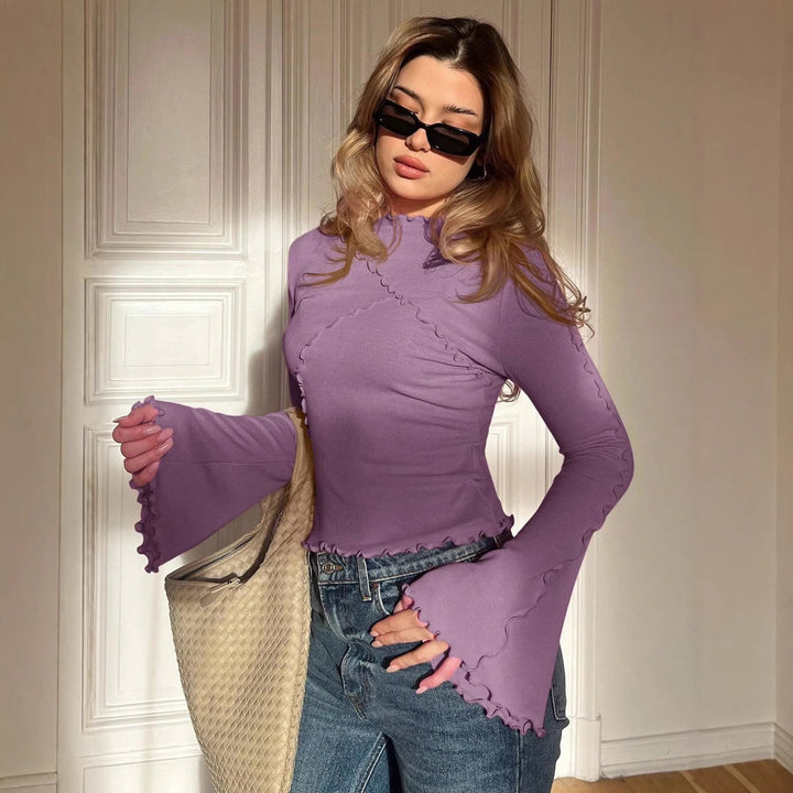 Elegantes Damen Geripptes Langarmshirt mit femininen Rüschen & Stehkragen, vielseitig.