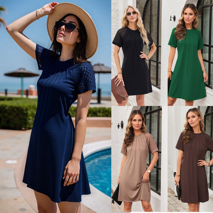 Elegantes, bequemes Damen Freizeitkleid mit Falten und Spitze, A-Linie, kurzärmelig, knielang.