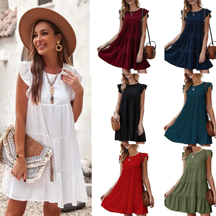 Damen Stufenkleid mit Rüschenärmeln, lockerer A-Linie-Schnitt. Bequemes Sommerkleid, knielang, Rundhals.