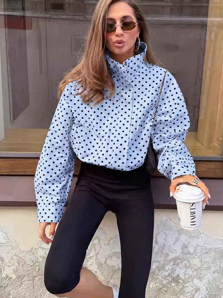 Fashionable Damen Freizeitbluse, Polka-Dot, Stehkragen, voluminöse Ballonärmel, bequemer Schnitt.