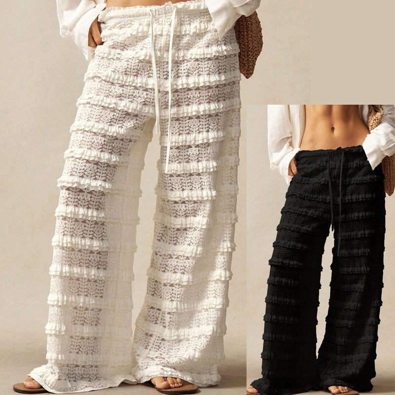 Luftige Damensommerhose mit Volants, weitem Bein und bequemem Smokbund, ideal für Strand und Freizeit.